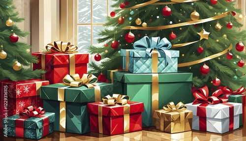 Abstract illustration of wrapped Christmas gifts, shiny ribbons and bows, stacked under a evergreen tree in a cozy living room, AI generated