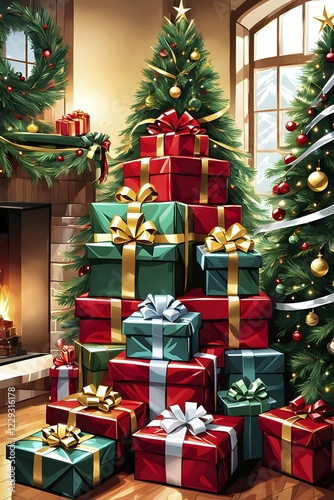 Abstract illustration of wrapped Christmas gifts, shiny ribbons and bows, stacked under a evergreen tree in a cozy living room, AI generated