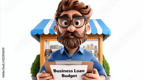 Cartoon Character Holding Business Loan Budget in Front of Cafe