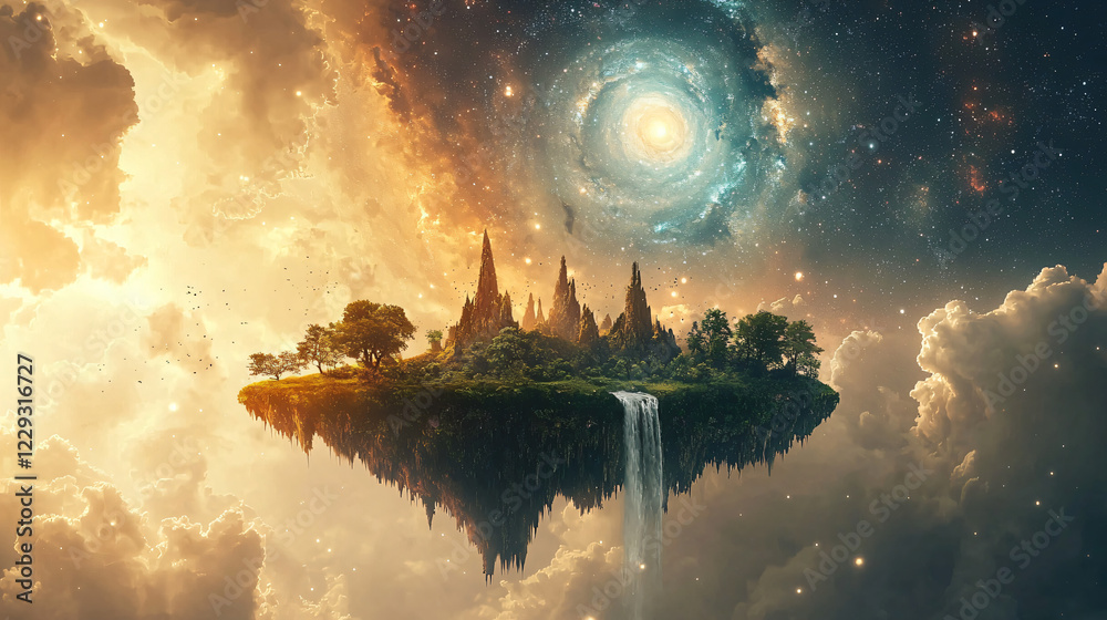 Fototapeta premium A surreal alien landscape with floating islands, cascading waterfalls, and a sky filled with swirling galaxies, evoking a sense of infinite wonder.