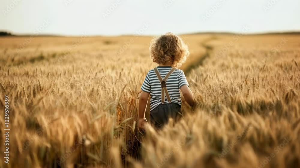 Child explores golden wheat field during sunset in rural landscape Child explores golden wheat field during sunset in rural landscape