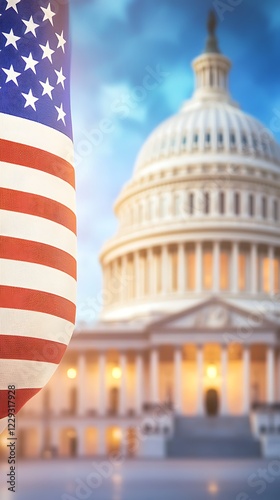Wallpaper Mural A close-up of the American flag with the U.S. Capitol building in the background, symbolizing national pride and governance. Torontodigital.ca