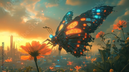 cybernetic butterfly with mechanical details and neon accents landing on a bright flower