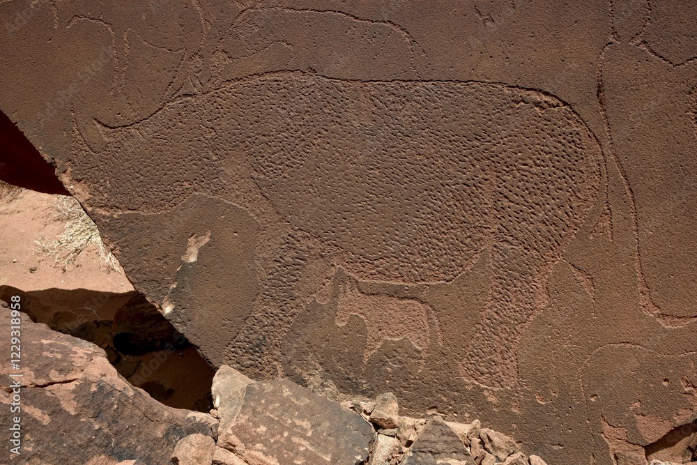 Obraz premium Rock engraving of a rhinoceros, God's plate, near De Riet, Kunene region, Namibia, Africa