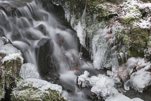 Waterfall with icicles, Wilhelmshöhe Mountain Park, World Heritage Site, Kassel, Hesse, Germany, Europe photo