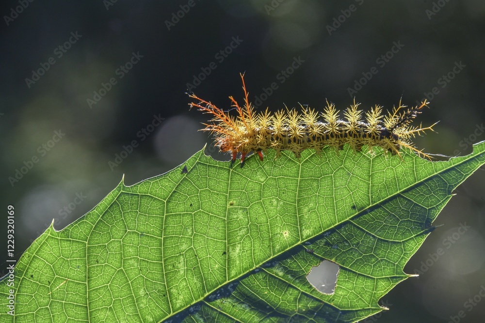 Colorful caterpillar with spines on one leaf, Iguazu Falls, Puerto Iguazu, Argentina, South America Colorful caterpillar with spines on one leaf, Iguazu Falls, Puerto Iguazu, Argentina, South America