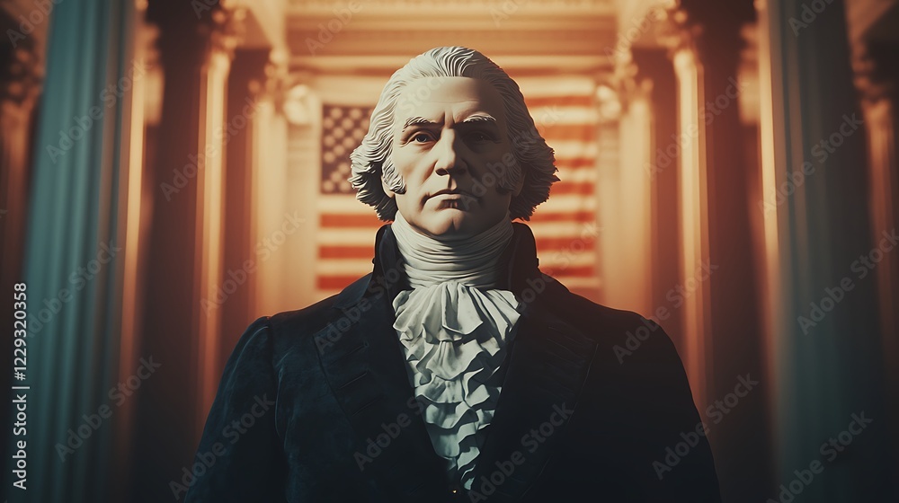 A regal figure resembling a historical leader stands in front of a large American flag, surrounded by classical columns, evoking patriotism and leadership. A regal figure resembling a historical leader stands in front of a large American flag, surrounded by classical columns, evoking patriotism and leadership.