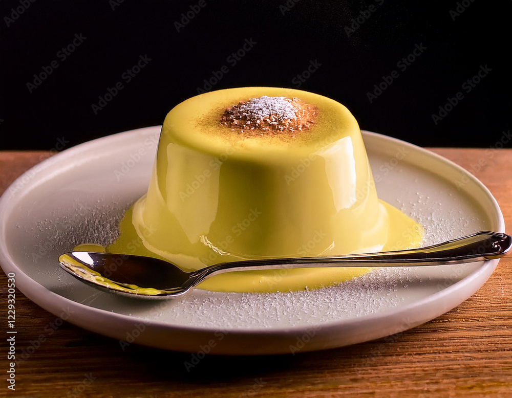 Postre casero de flan de huevo y vainilla con azucar tostado en un platillo con una cuchara Postre casero de flan de huevo y vainilla con azucar tostado en un platillo con una cuchara