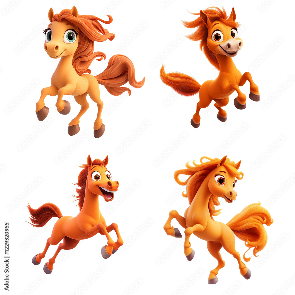 Fototapeta premium Cute cartoon horse, jumping pose, white background