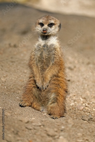 Meerkat (Suricata suricatta) stands upright, captive, Germany, Europe
