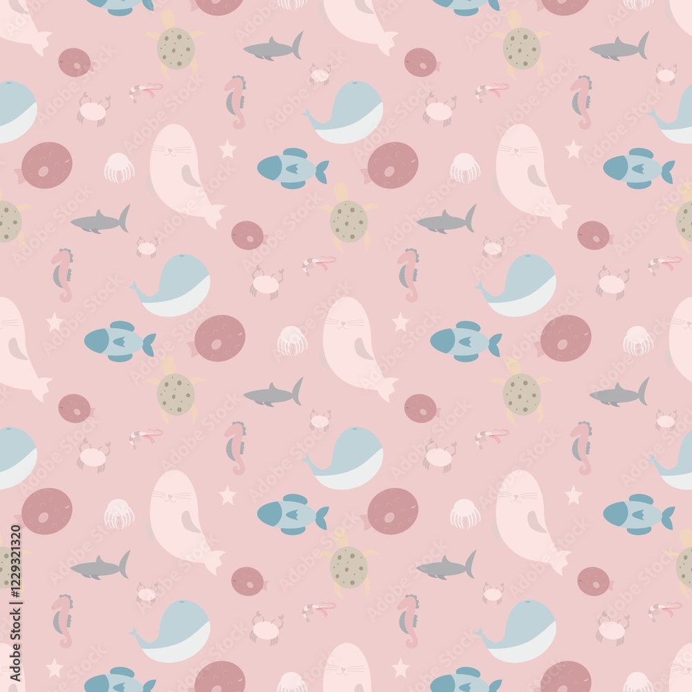 seamless pattern with sea elements, marine pattern, ocean, underwater world, summer seamless pattern with sea elements, marine pattern, ocean, underwater world, summer