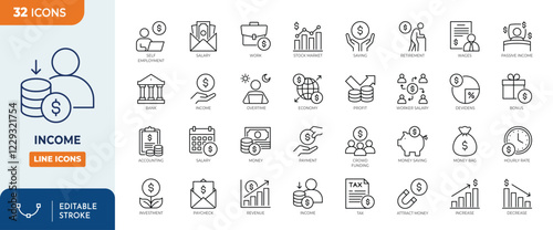 Income line editable icon set. Containing earnings, money, tax, payment, accounting, paycheck, work, pension, wages, and more icons. Vector illustration