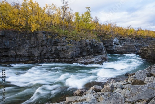 Autumnal Abisko Canyon, River Abiskojåkka, Abiskojakka, Abisko National Park, Norrbottens, Norrbottens län, Laponia, Lapland, Sweden, Europe photo