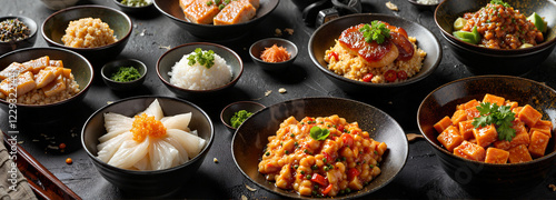 Variety of Korean banchan on table, showcasing culinary artistry photo