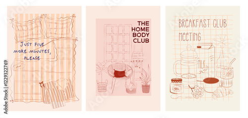 Collection of Homebody posters. Cozy aesthetic wall art. Home interior poster. Home decor print. Editable vector illustration