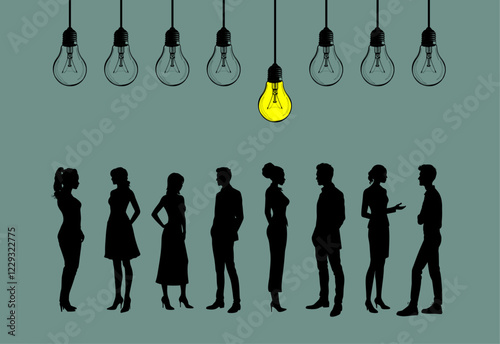 Vektor Darstellung Silhouette - Idee und Lösung mit leuchtender Glühbirne und einer Gruppe Personen - Think Tank Strategie und Experten im Brainstorming