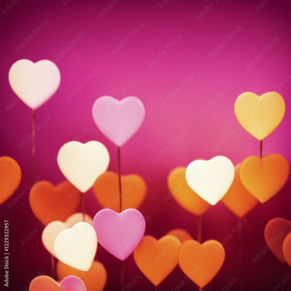 Glowing heart shapes on thin wires against a gradient pink background, Hearts on defocused background Glowing heart shapes on thin wires against a gradient pink background, Hearts on defocused background
