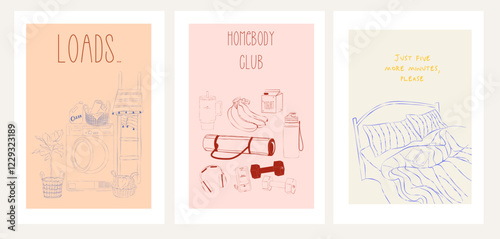 Collection of Homebody posters. Cozy aesthetic wall art. Home interior poster. Home decor print. Editable vector illustration