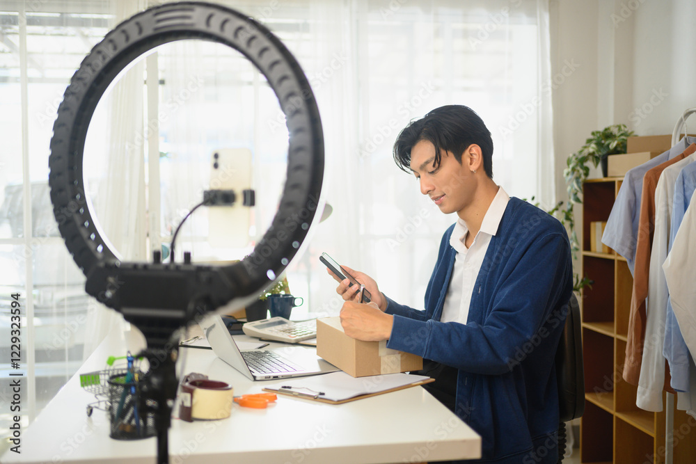 Obraz premium Young business owner preparing order while using his smartphone in a modern home office