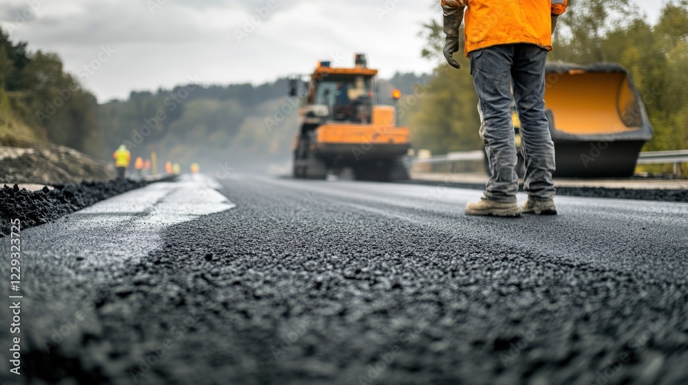 A detailed view of a road construction engineer inspecting asphalt quality on a highway project, Road construction scene, Analytical and technical style A detailed view of a road construction engineer inspecting asphalt quality on a highway project, Road construction scene, Analytical and technical style