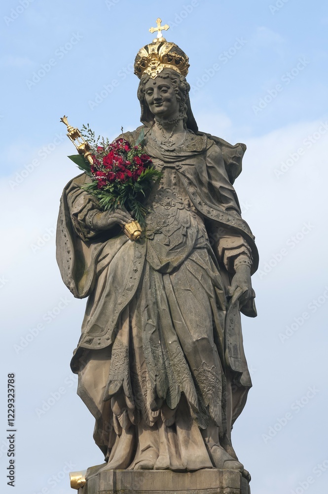 Naklejka premium Statue of Empress Kunigunde with a bunch of roses, 1750, Untere Brücke bridge, Bamberg, Upper Franconia, Bavaria, Germany, Europe