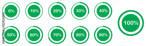 Pie chart icons collection from  0 to 100% in  green colors.  Set of circle percentage diagrams from 0 to 100 for infographics. User UI interface or infographic - indicator with black colors. 
