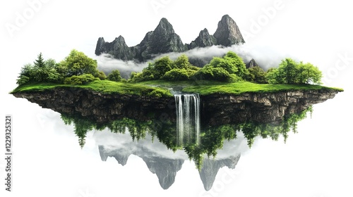 Isolated green island forest with trees, mountains, green grass, waterfall.High mountains and reflection on the water surface. Clouds over the rocks. Holidays and travel in summer 