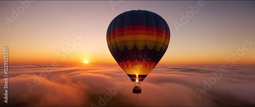 A delightful hot air balloon floating against a stunning sunset peppered with colors