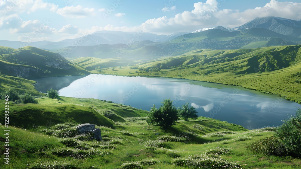 Fototapeta premium A serene mountain lake with green hills and a blue sky.