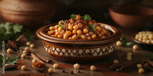 Tender chickpeas with aromatic spices and fresh herbs cooked in a moroccan tagine
