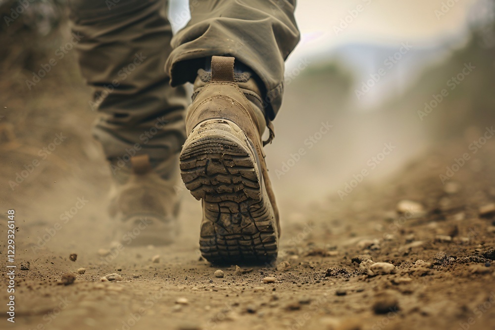 Back view of man in boots walking through dusty ground. KI generiert, generiert, AI generated Back view of man in boots walking through dusty ground. KI generiert, generiert, AI generated