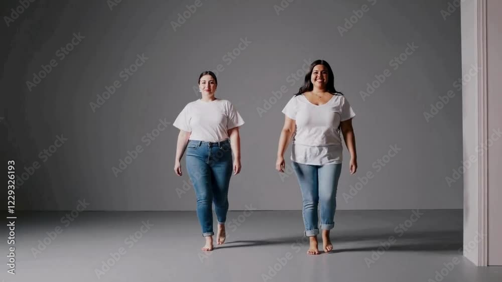 Two Diverse body positivity Women in White T-Shirts and Jeans, Celebrating body empowerment and Confidence Two Diverse body positivity Women in White T-Shirts and Jeans, Celebrating body empowerment and Confidence