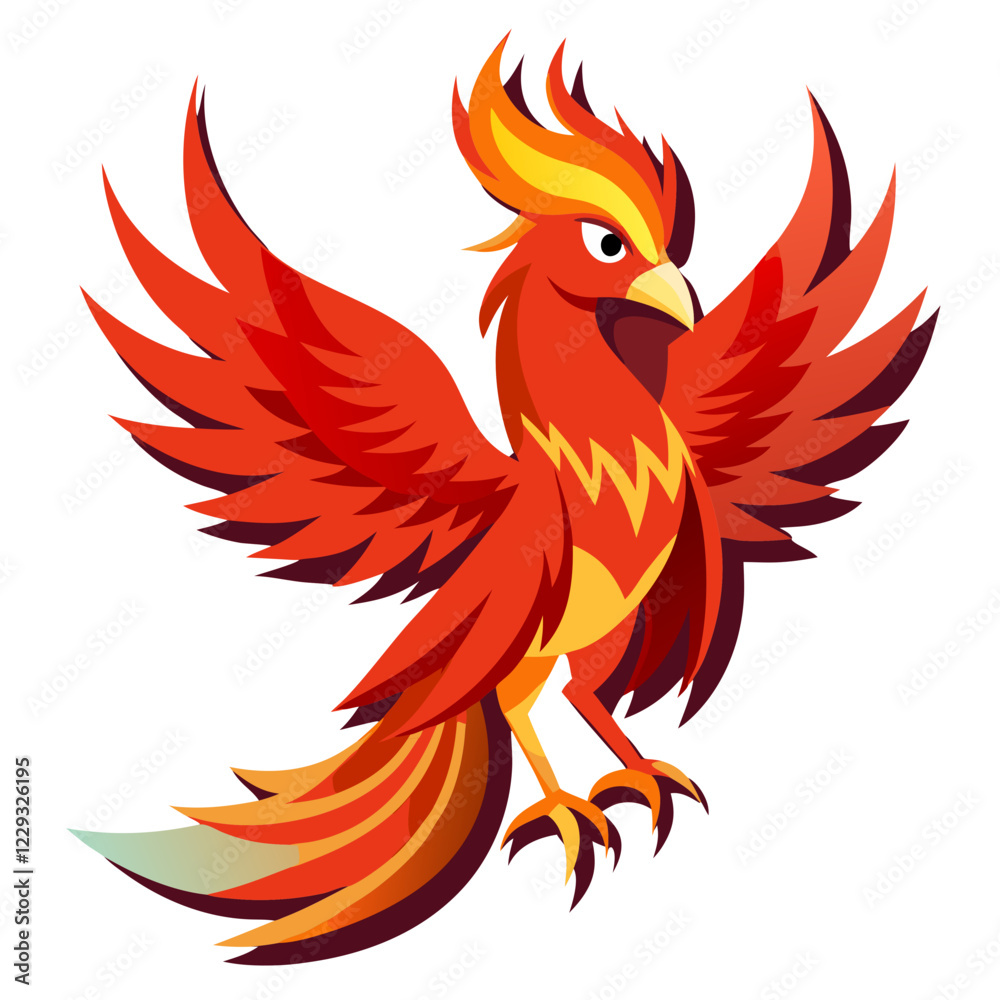 Fototapeta premium A radiant red phoenix, adorned with striking plumage, glides gracefully through a magical realm filled with wonder. Its majestic wings spread wide, showcasing its fiery colors