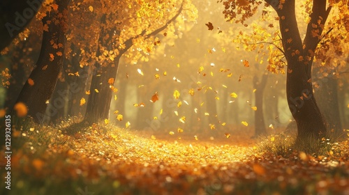 Golden Autumn Path: A magical autumn scene where golden leaves gently fall amidst sunlit trees, creating an enchanting path through a dreamy forest.