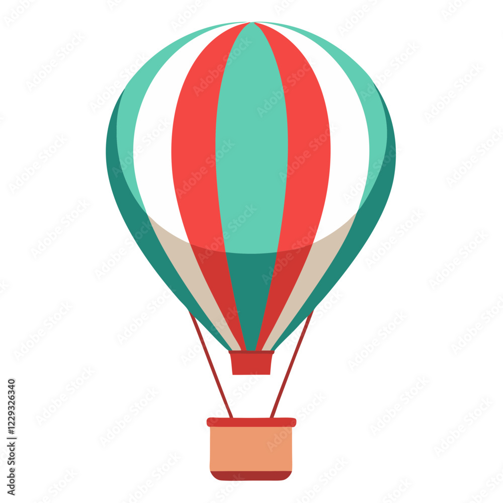 Naklejka premium A vibrant hot air balloon floats upward with a distinctive striped pattern in red and teal. Its basket hangs below, ready for an adventurous journey in the sky