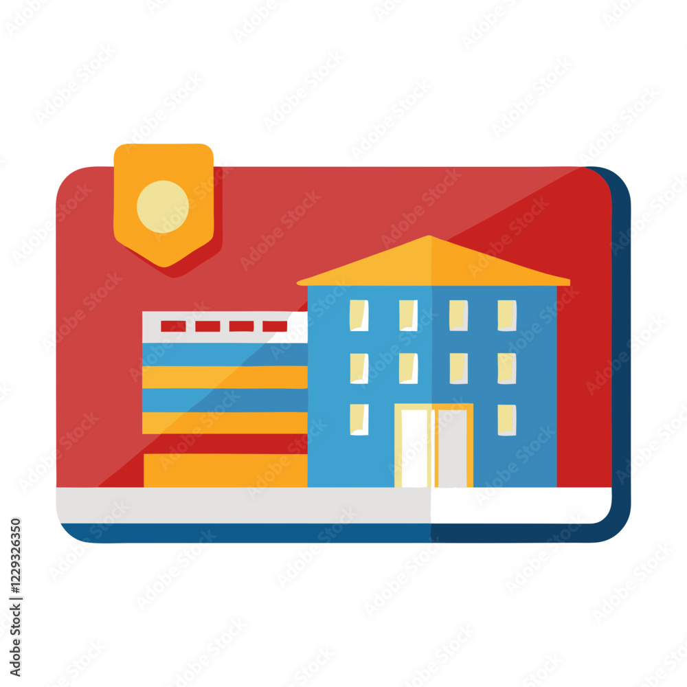 Naklejka premium A hotel keycard displayed on a white background. The card features a colorful design with a graphic of a hotel building and a location icon. This visual represents accommodations