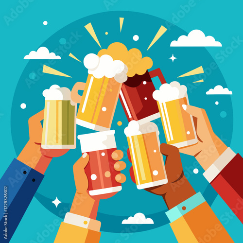 Friends unite in joy, raising their colorful beer mugs filled with frothy beverages, celebrating a special occasion under a bright blue sky with fluffy clouds