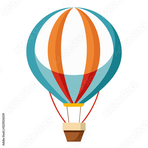 A vibrant hot air balloon features bright colors and patterns, suspended against a plain white background, capturing the essence of adventure and freedom in flight