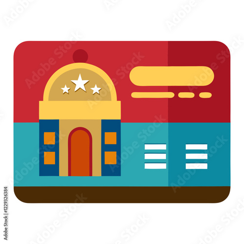 A hotel keycard designed with vibrant colors features a building illustration, essential guest access details, and a smooth finish, prominently set against a white background