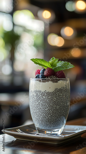 glass of chia seed pudding layered with creamy topping and topped with fresh raspberries blueberries and mint Served in a cafe setting photo