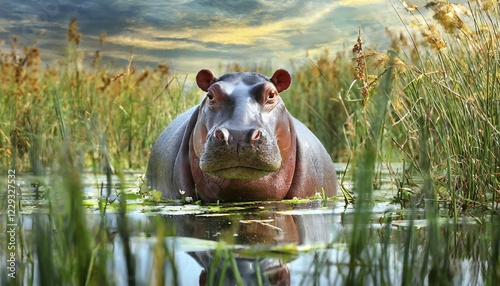 KI generated, animal, animals, mammal, mammals, biotope, habitat, one, individual animal, foraging, wildlife, hippopotamus, hippopotamus, hippopotamus, (Hippopotamus amphibicus), water, waters, Botswana, Africa