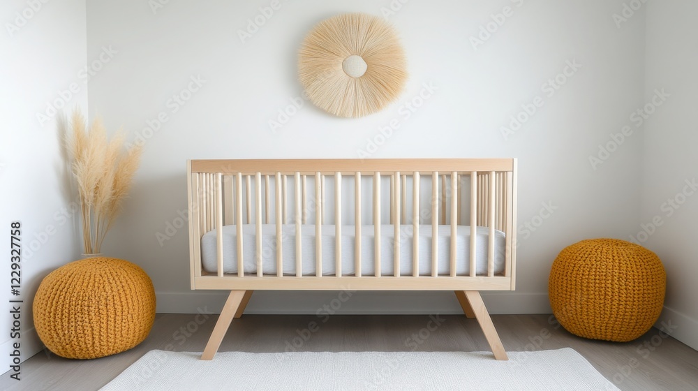 Obraz premium Scandinavian nursery, soft pastel tones, wooden crib, cozy textiles, natural materials, minimal decor