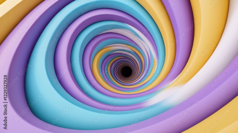 Surreal optical illusion of a 3D digital vortex, swirling with neon cyan, violet, and gold.