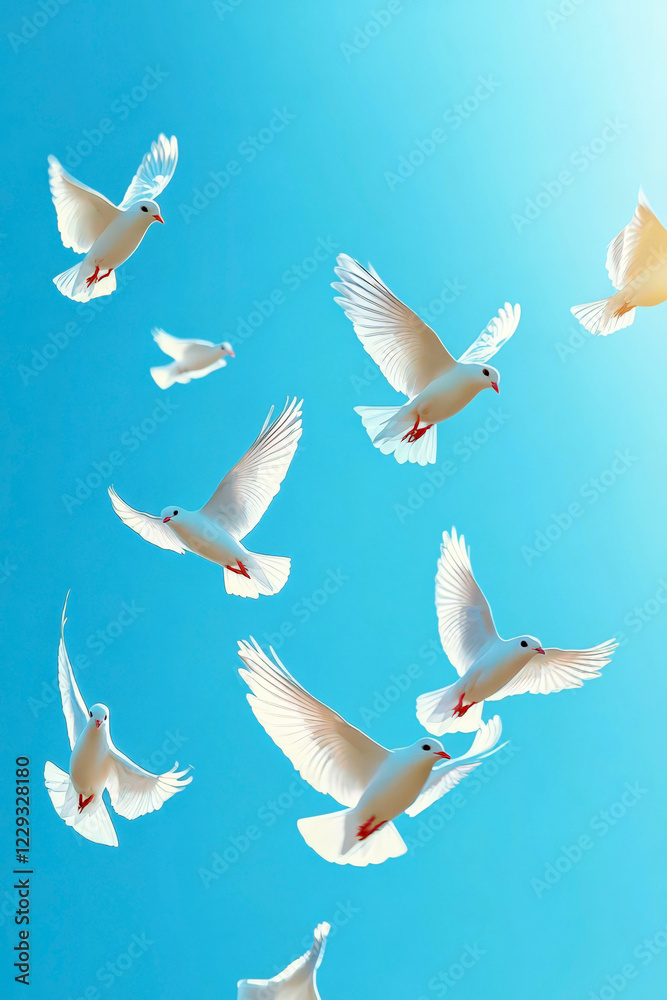 Fototapeta premium Celebration of World migratory bird day with graceful birds in flight against clear blue sky. Vertical banner. Copy space. World Wildlife Day. White doves on a blue background
