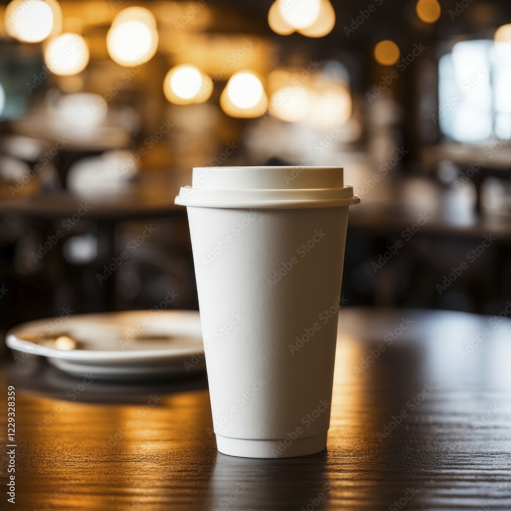 White coffee cup on a table with warm lighting and a blurred cozy cafe background, AI generated White coffee cup on a table with warm lighting and a blurred cozy cafe background, AI generated