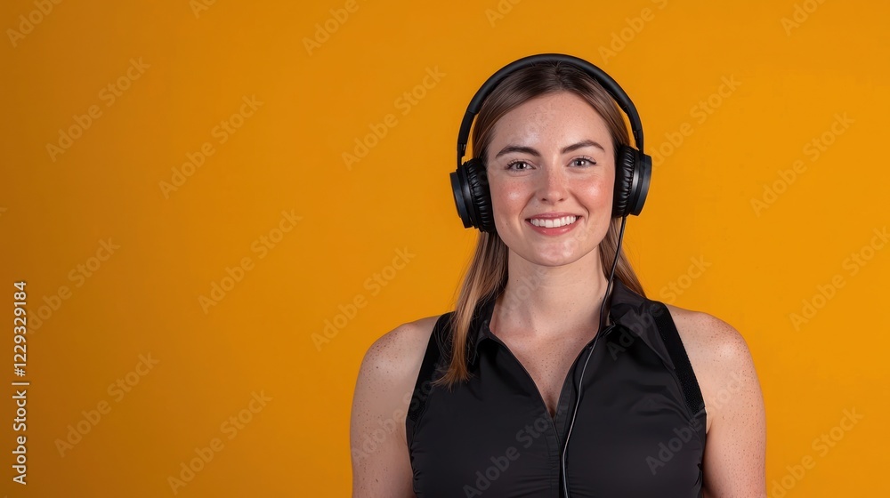 Smiling Woman in Black Shirt Wearing Headphones Against Yellow Background