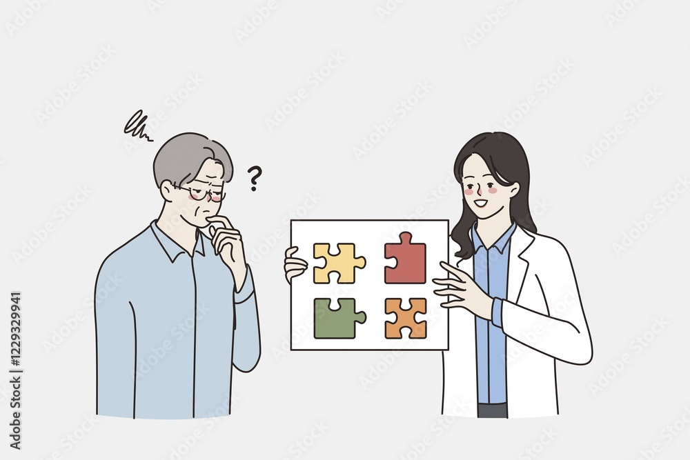 Mental health and aging concept. Young smiling doctor woman showing puzzle pieces to thinking frustrated mature elderly thinking man vector illustration Abstract vector wall art background. Minimalistic abstract wall art background for print. Scandinavian vector style Mental health and aging concept. Young smiling doctor woman showing puzzle pieces to thinking frustrated mature elderly thinking man vector illustration Abstract vector wall art background. Minimalistic abstract wall art background for print. Scandinavian vector style