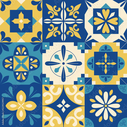 Mediterranean geometric folk seamless pattern. Dark blue and yellow tiles background. Italian, Portuguese, Spanish, Moroccan ethnic ornament. Mosaic. Vector digital paper, wallpaper.