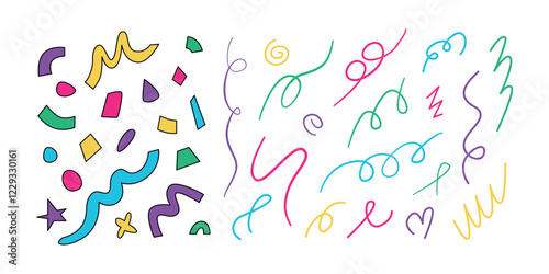Confetti scribbles and doodles. Carnival. Childish colorful shapes, figures, elements. Abstract festive ribbons. 90s retro. Vector isolated on white.