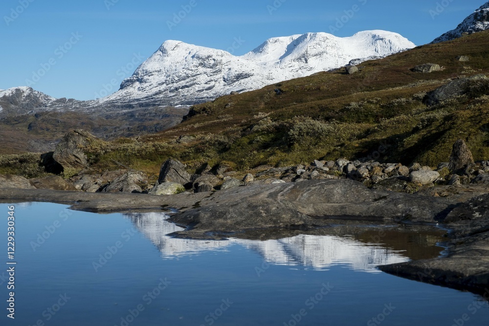 Okstindan mountain range, also Okstindene, with glacier Okstindbreen, water reflection in small mountain lake, Nordland, Norway, Europe Okstindan mountain range, also Okstindene, with glacier Okstindbreen, water reflection in small mountain lake, Nordland, Norway, Europe